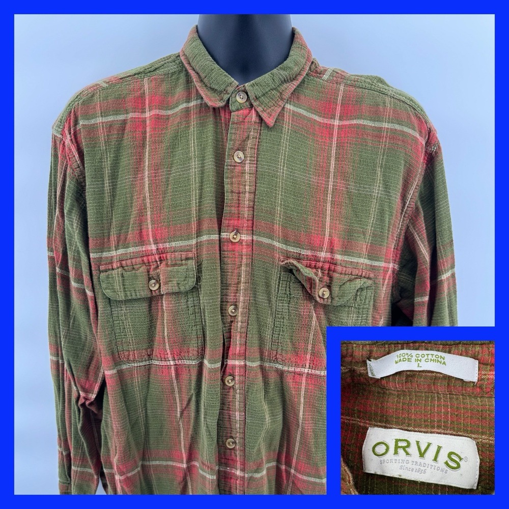 Orvis Flannel Button Down Mens L Green‎ Red Plaid Cotton Outdoor Long Sleeve